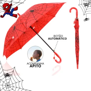 Guarda Chuva Infantil Homem Aranha Automático Reforçado Com Apito
