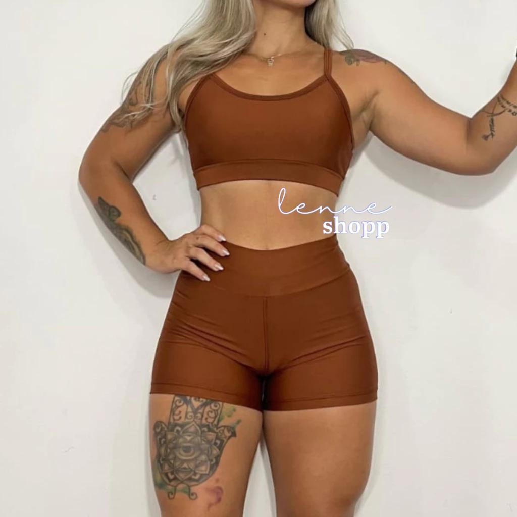 Conjunto Academia Fitness Short e Top Cintura Alta Moda Fitness LISOS
