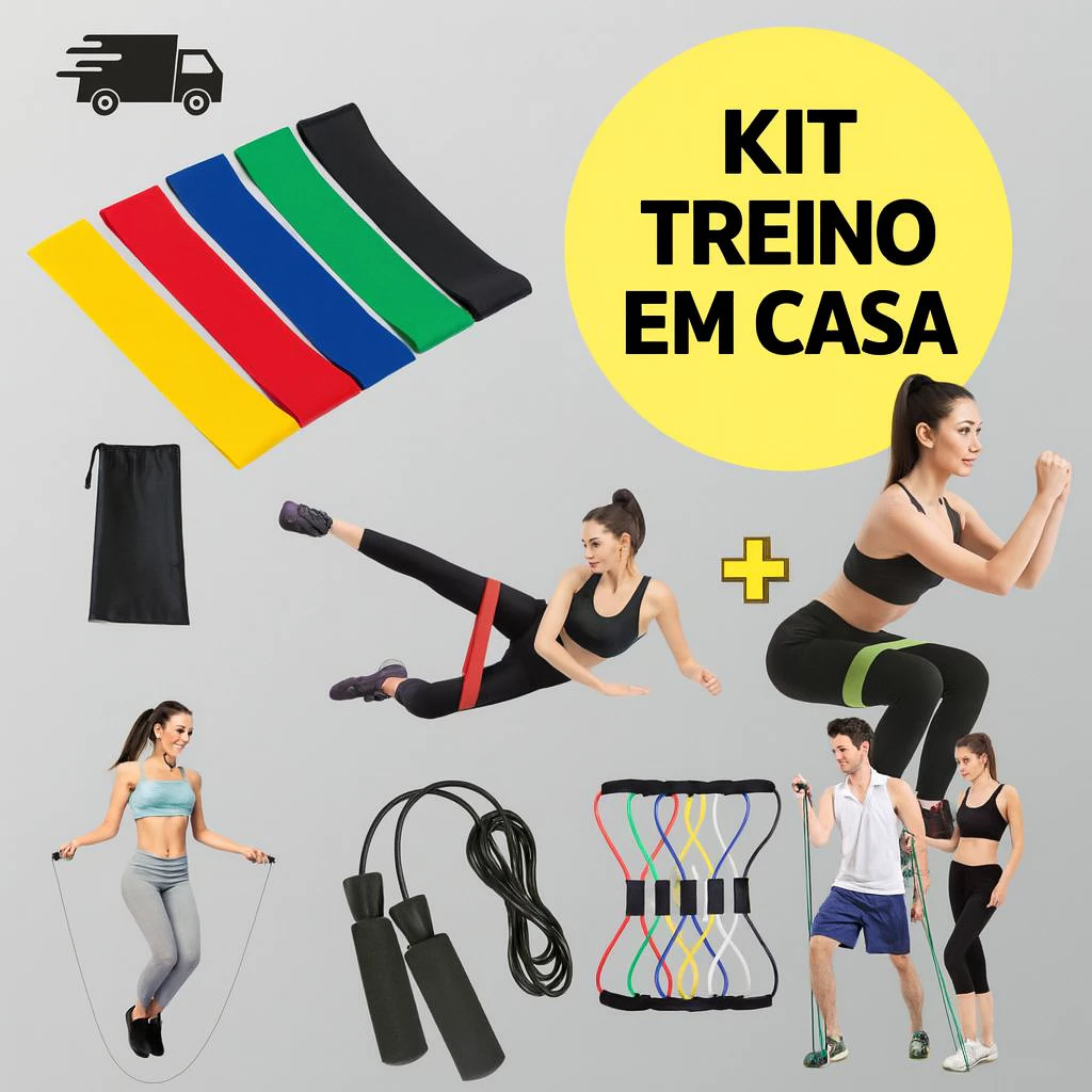 Kit Treino em Casa Corda de Pular + Kit 5 Faixas Mini Band + Elástico Extensor Cross Tube Treino