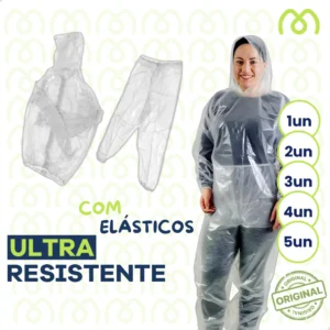 Capa de Chuva Conjunto Transparente com Elástico Jaqueta Calça Capuz Reutilizável Resistente