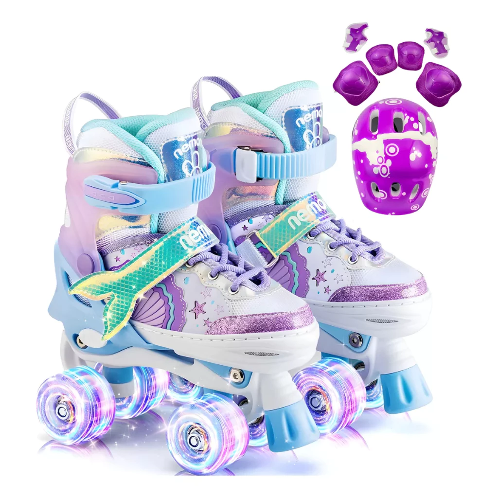 Patins 4 Rodas Arco Íris Luz De Led E Glitter + Kit Proteção