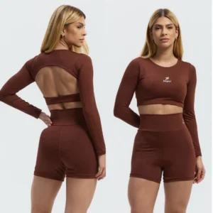 Conjunto Academia Short Top Manga Longa Cropped Costa Aberta Roupa de Academia Treino Corrida