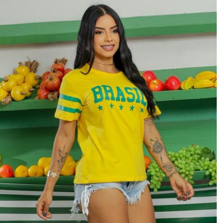 Blusa T-Shirt Camiseta Brasil Feminina Manga Curta Copa Do Mundo Moda Verão