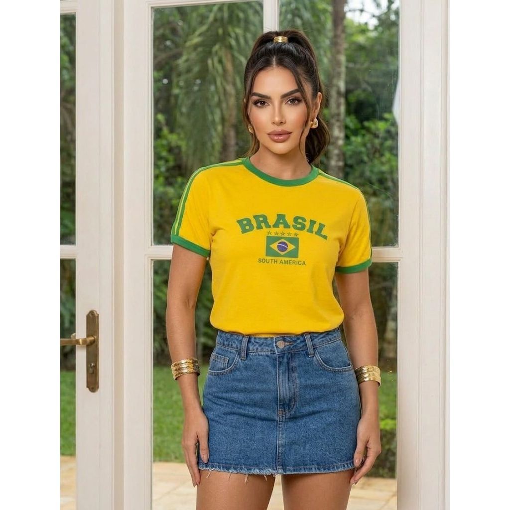 Camiseta Baby Look Brasil Feminina 🇧🇷 100% Algodão Camisa Copa Manga Curta Confortável P ao GG