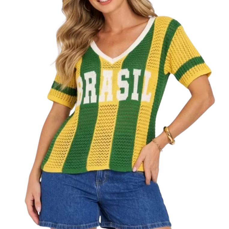 Blusa Feminina Tricô Brasil oversixed Manga Curta Fio Crochê Decote V Brazilcore Copa Verde Amarelo