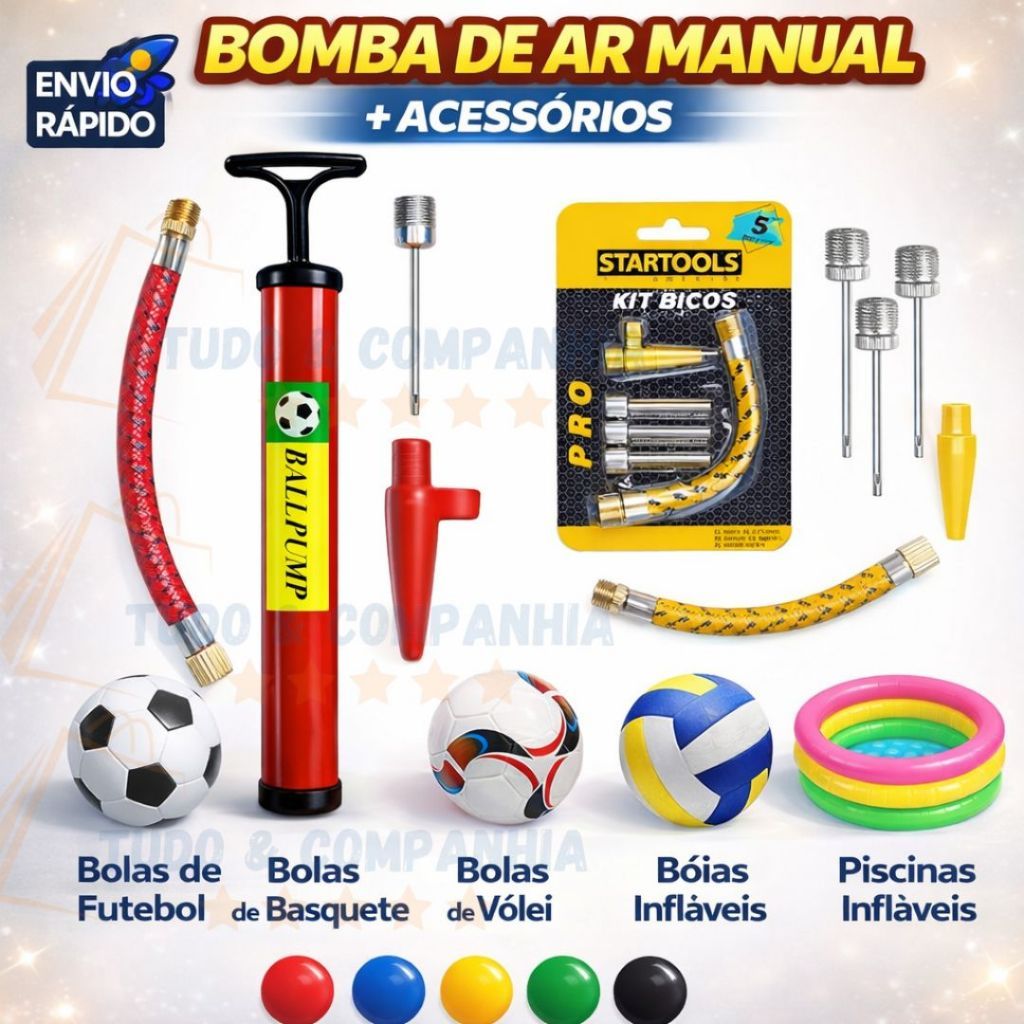 Bomba de ar Manual c/ Acessórios para Encher Bolas Futebol Basquete Vôlei e Brinquedos Infláveis