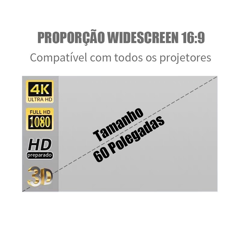 Tela Projetor Portátil Refletiva 60 Polegadas 4K Full HD 16:9 Dobrável Antirreflexo Eye-Protection P