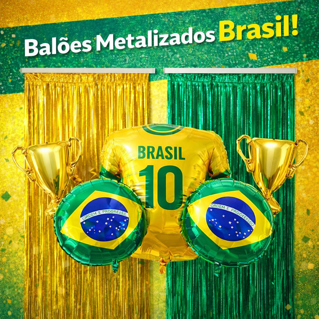 Kit Copa do Mundo – 2 Cortinas Metalizada Verde e Dourada + 2 Balões Bola Futebol + 2 troféus + 1 Ba