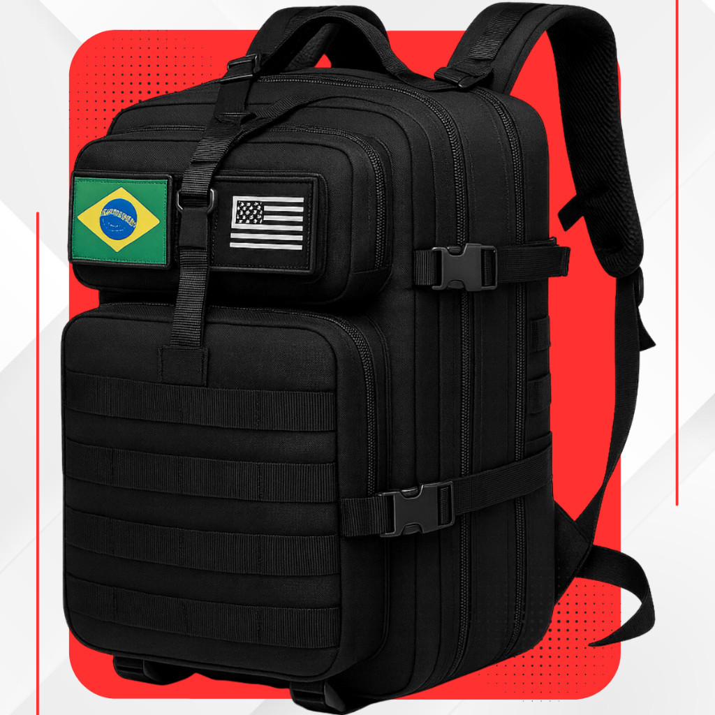 Mochila Militar Tática Impermeável 50 Litros Grande Reforçada com 2 Bandeiras Brasil EUA