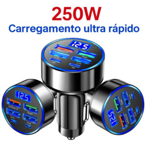 Carregador Veicular Turbo 6 Portas USB e USB-C PD QC3.0 Carro Display Digital