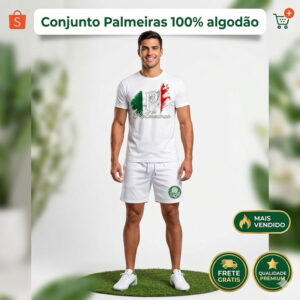 Conjunto Masculino Palmeiras Camiseta 100% Algodão + Short Tactel Premium Casual Confortável Futebol