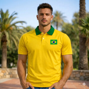 Camiseta Polo Brasil Bandeira Bordado Estilo Casual Torcedor Moda Masculina para Copa