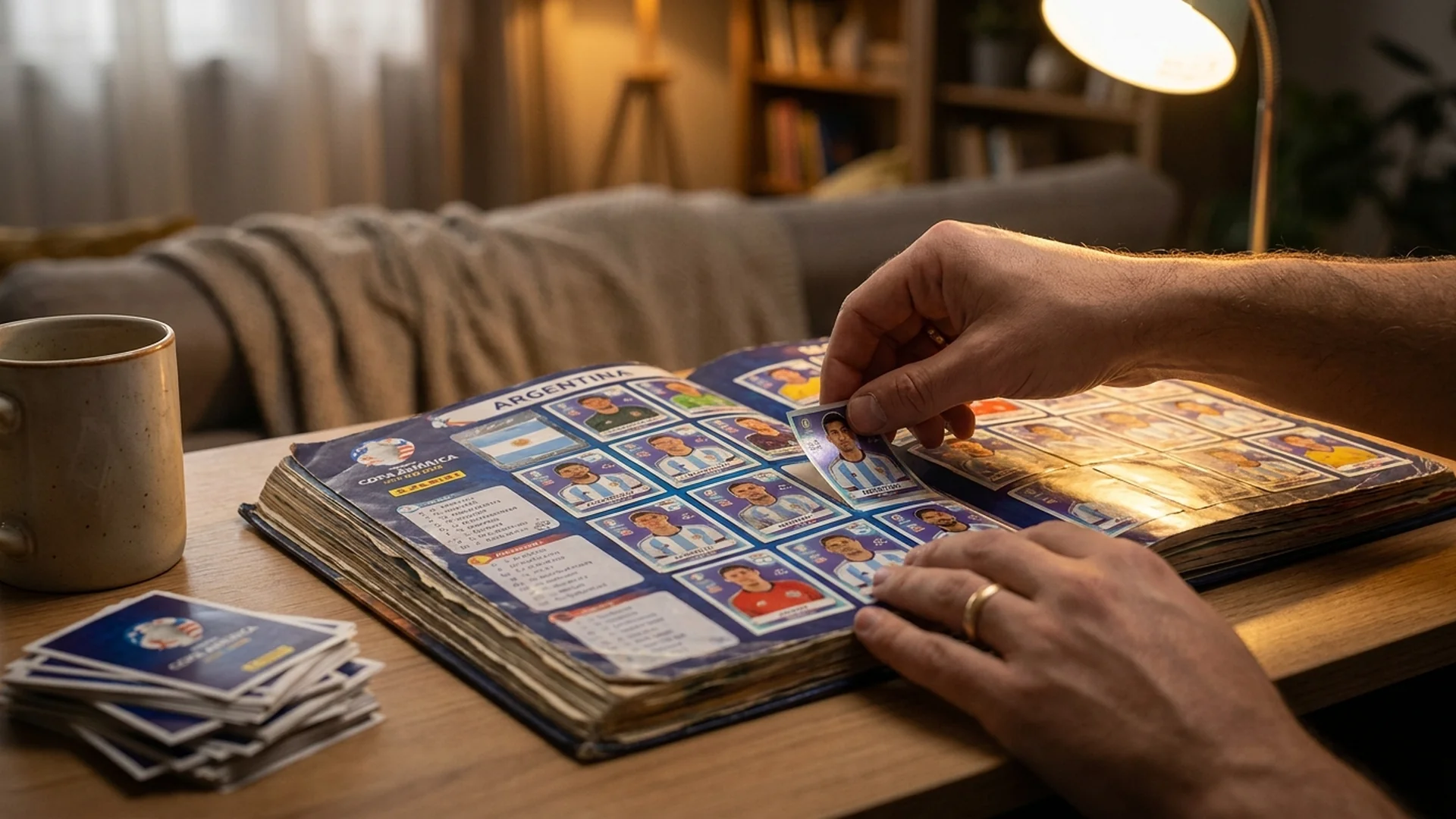 Mão colocando última figurinha no álbum Panini Copa 2026 quase completo